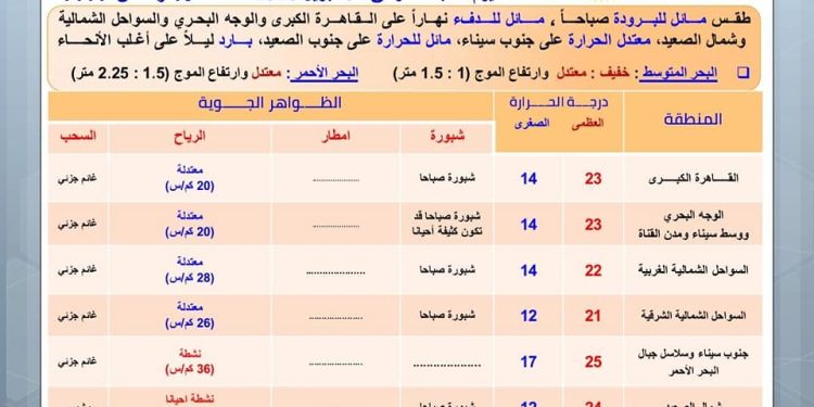 الأرصاد الجوية: طقس اليوم دافئ نهارا بارد ليلا على القاهرة والوجه البحرى.. ودرجة الحرارة 23